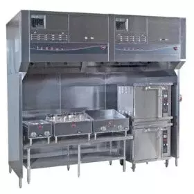 Commercial stainless steel kitchen range with oven and burners.