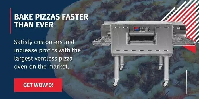 Middleby Marshall ventless pizza oven with promotional text on a pizza background.