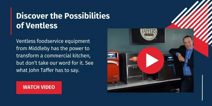 Ventless foodservice equipment display with Middleby branding and a "Watch Video" button.