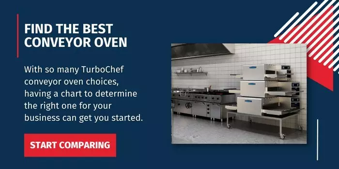 TurboChef conveyor ovens in a commercial kitchen setting. Text prompts to start comparing options.