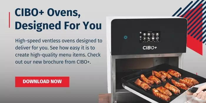 CIBO+ oven with touchscreen displaying cooked chicken wings on a tray. "Download Now" button visible.