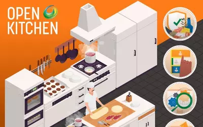 Chef rolling dough in modern kitchen with stove, pans, and meat. Icons showing food preparation steps.