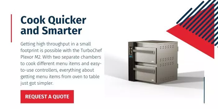 TurboChef Plexor M2 oven with dual chambers and control panel. Text: "Cook Quicker and Smarter."