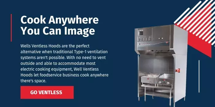 Wells Ventless Hood displayed with promotional text on a blue background.