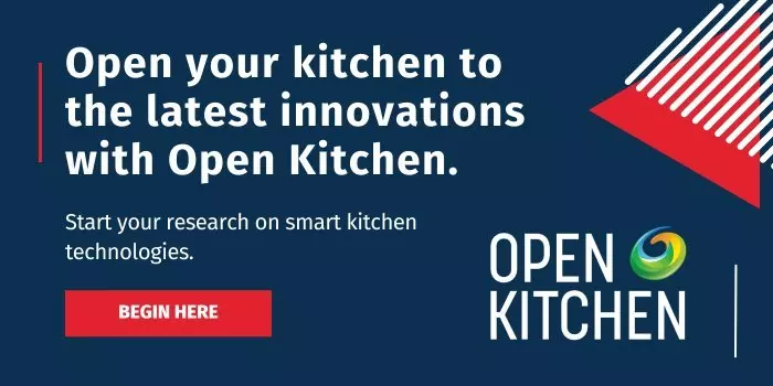 Text promoting Open Kitchen for smart kitchen technologies. "Begin Here" button included.