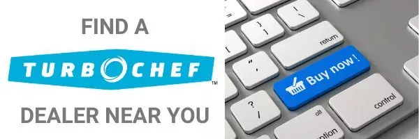 TurboChef logo with "Find a Dealer Near You" and a keyboard with a blue "Buy now!" key.