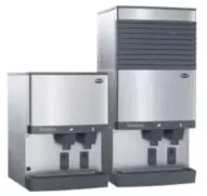 Two silver ice and water dispensers side by side, one larger than the other.