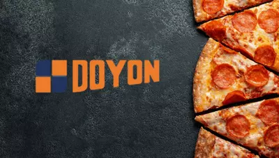 Pepperoni pizza slices next to the Doyon logo on a dark surface.