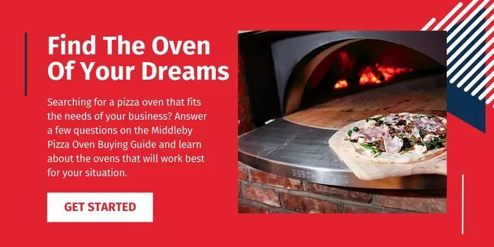 Pizza oven with pizza inside next to text about Middleby Pizza Oven Buying Guide.