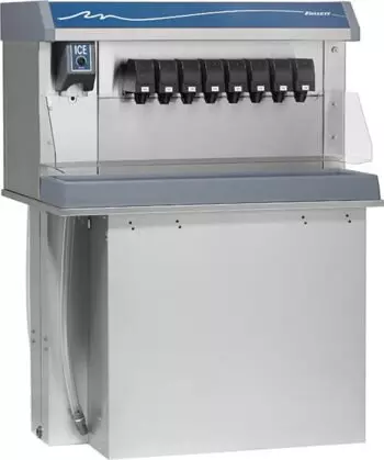 Scotsman ice dispenser with multiple levers and blue panel.