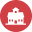 White school building icon on a red circular background.