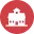 White school building icon on a red circular background.