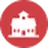 White school building icon on a red circular background.