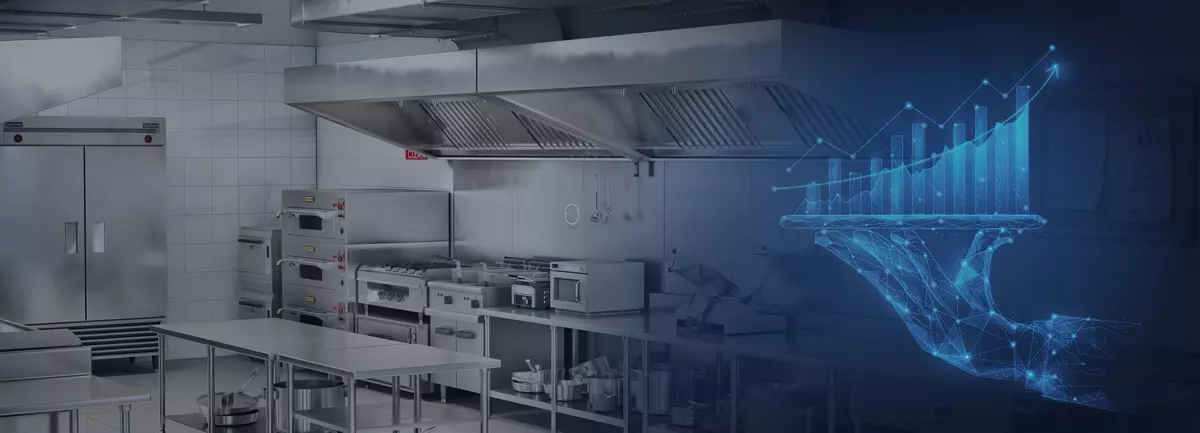 Commercial kitchen with stainless equipment and a digital hand holding a rising bar chart.