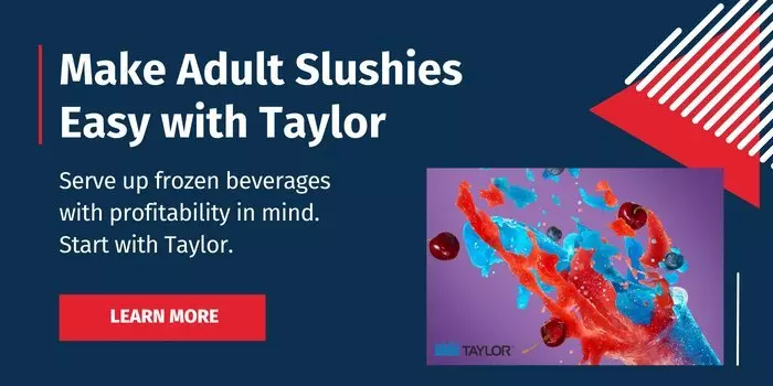 Taylor ad promoting adult slushies with a colorful splash of red and blue frozen beverages.