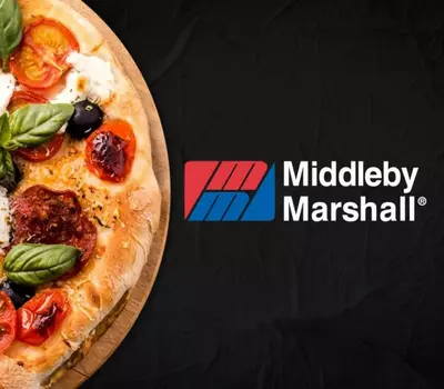 Pizza with basil, tomatoes, olives on left; Middleby Marshall logo on right.