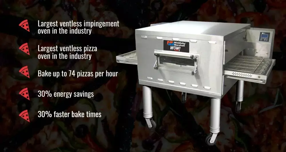 Middleby Marshall pizza oven with ventless impingement technology and energy-saving features.