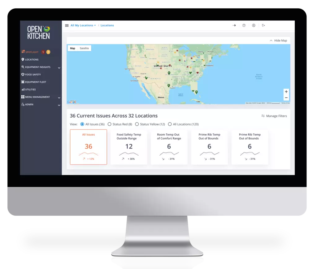 Computer screen showing Open Kitchen dashboard with location issues map.