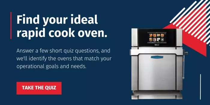 Rapid cook oven with a digital screen, surrounded by text promoting a quiz to find ideal ovens.
