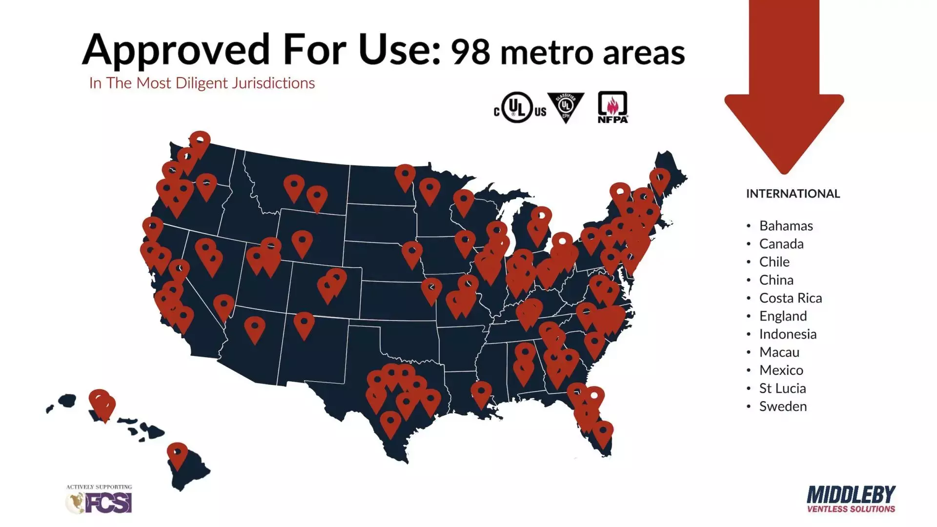 Map of the US with red location pins; lists international countries on the right.