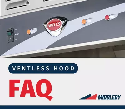 Wells ventless hood controls with Middleby logo and FAQ text.