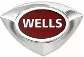 WELLS logo in a red oval within a silver eye-shaped emblem.