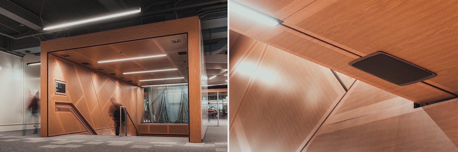 two pictures of a wooden building with a door and a staircase