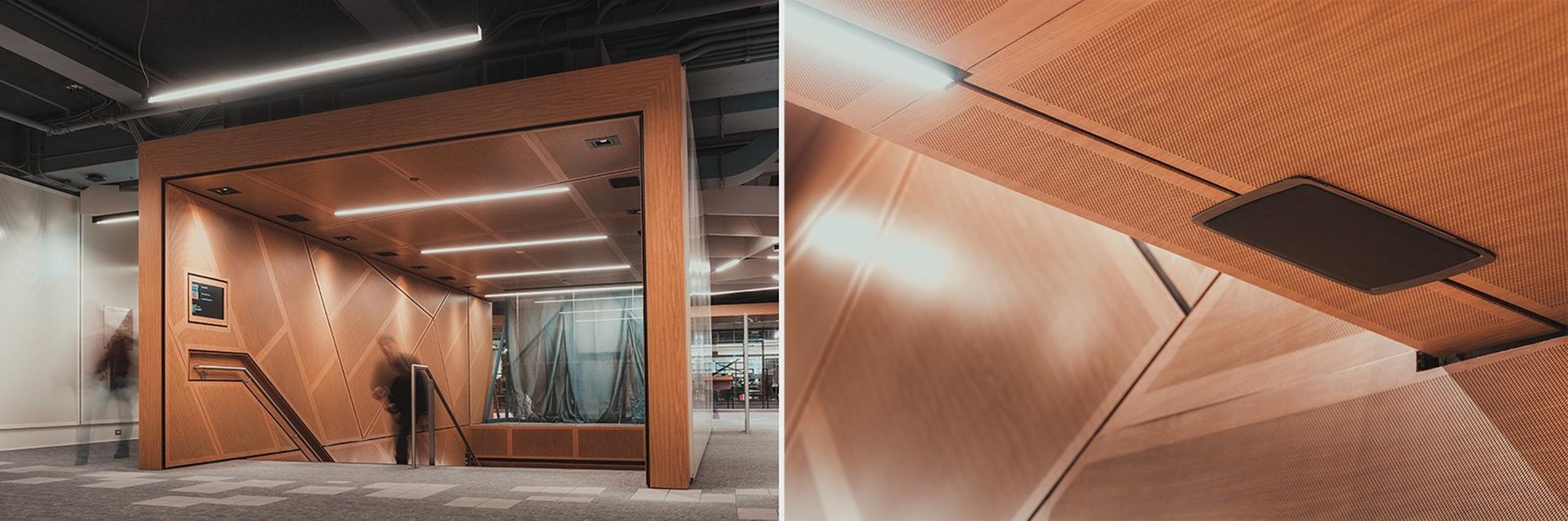 two pictures of a wooden building with a door and a staircase