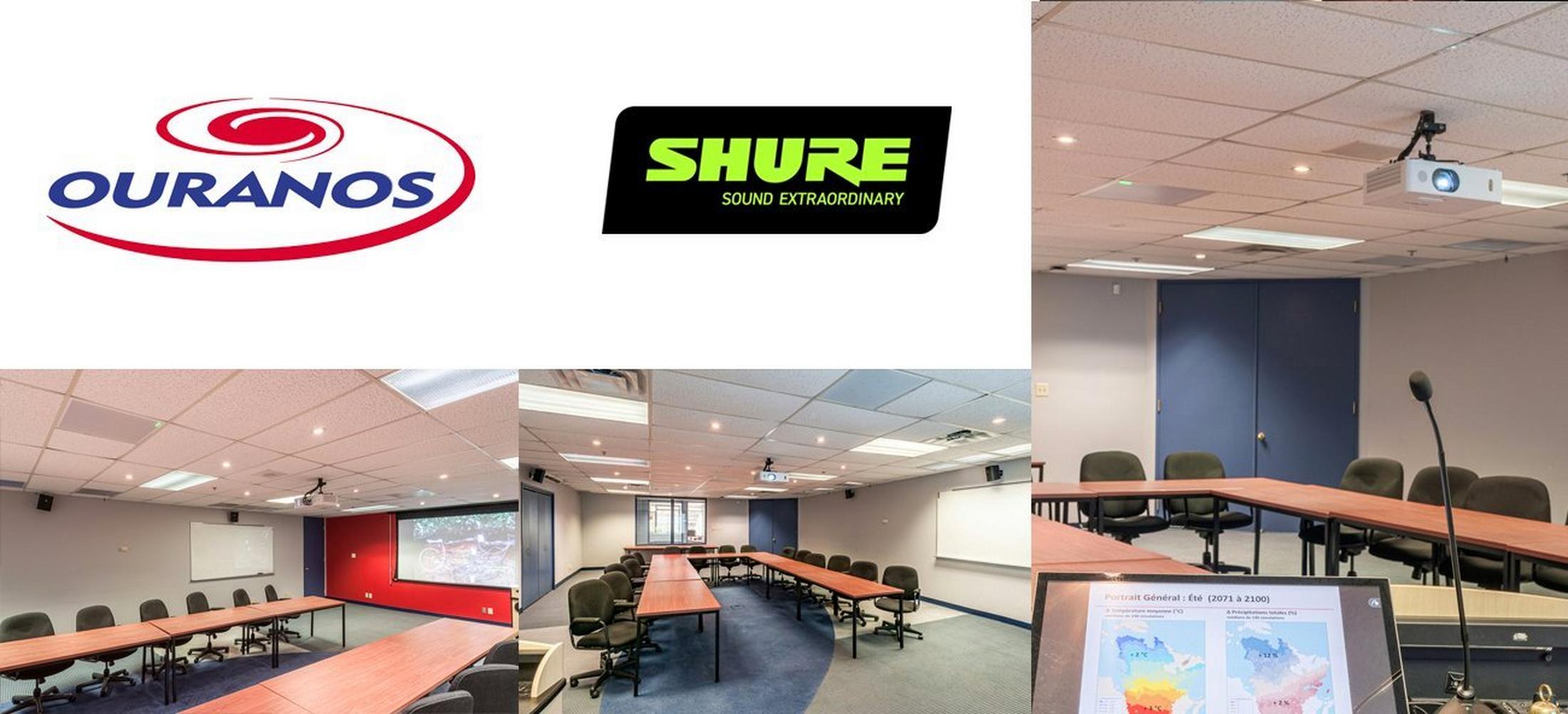 a series of photos of a conference room with a projector