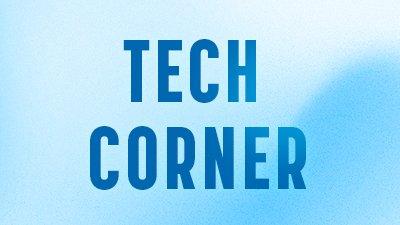 a blue and white sign that says tech corner