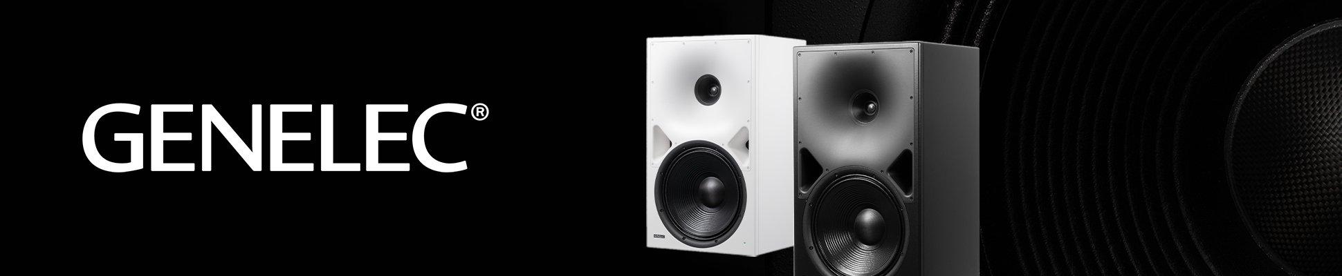 white and black speakers with genelec logo