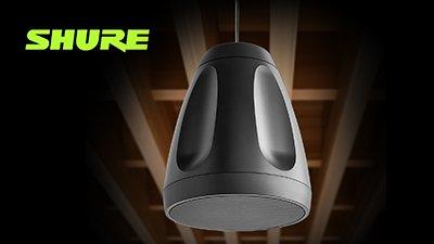 pendant speakers and shure logo
