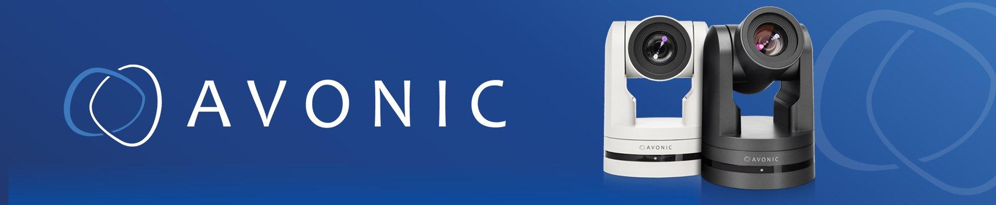Avonic PTZ cameras on blue background with logo