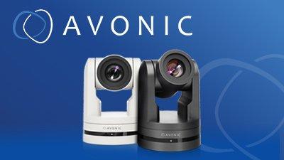 Avonic PTZ cameras on blue background with logo