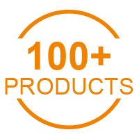 a black and orange logo with the words 100 + products