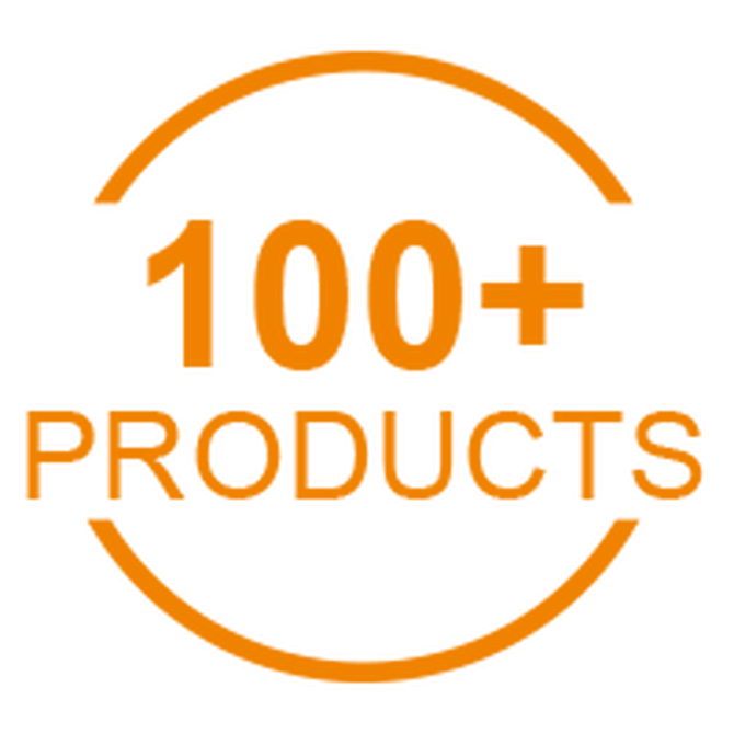 a black and orange logo with the words 100 + products a black and orange logo with the words 100 + products