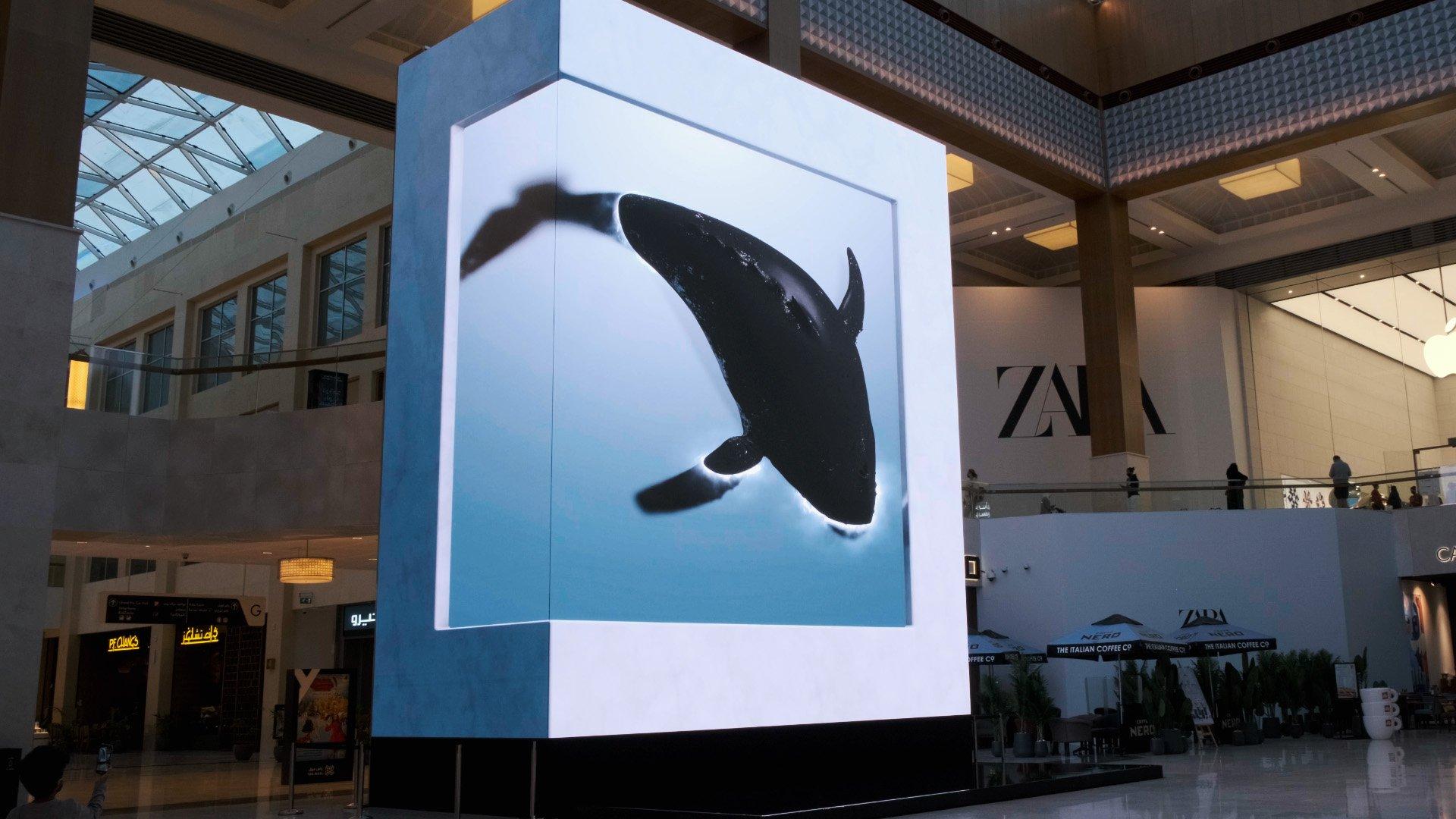 a large display of a whale in a mall with people walking by