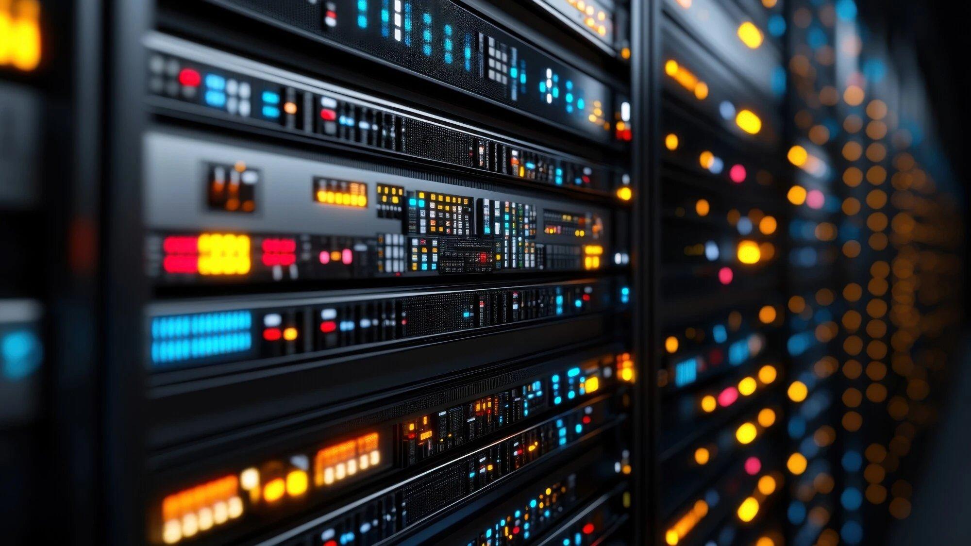 a close up of a server room with many servers