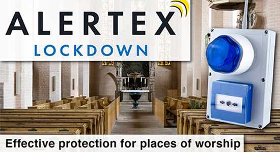 a church with a blue sign that says "alert tex"