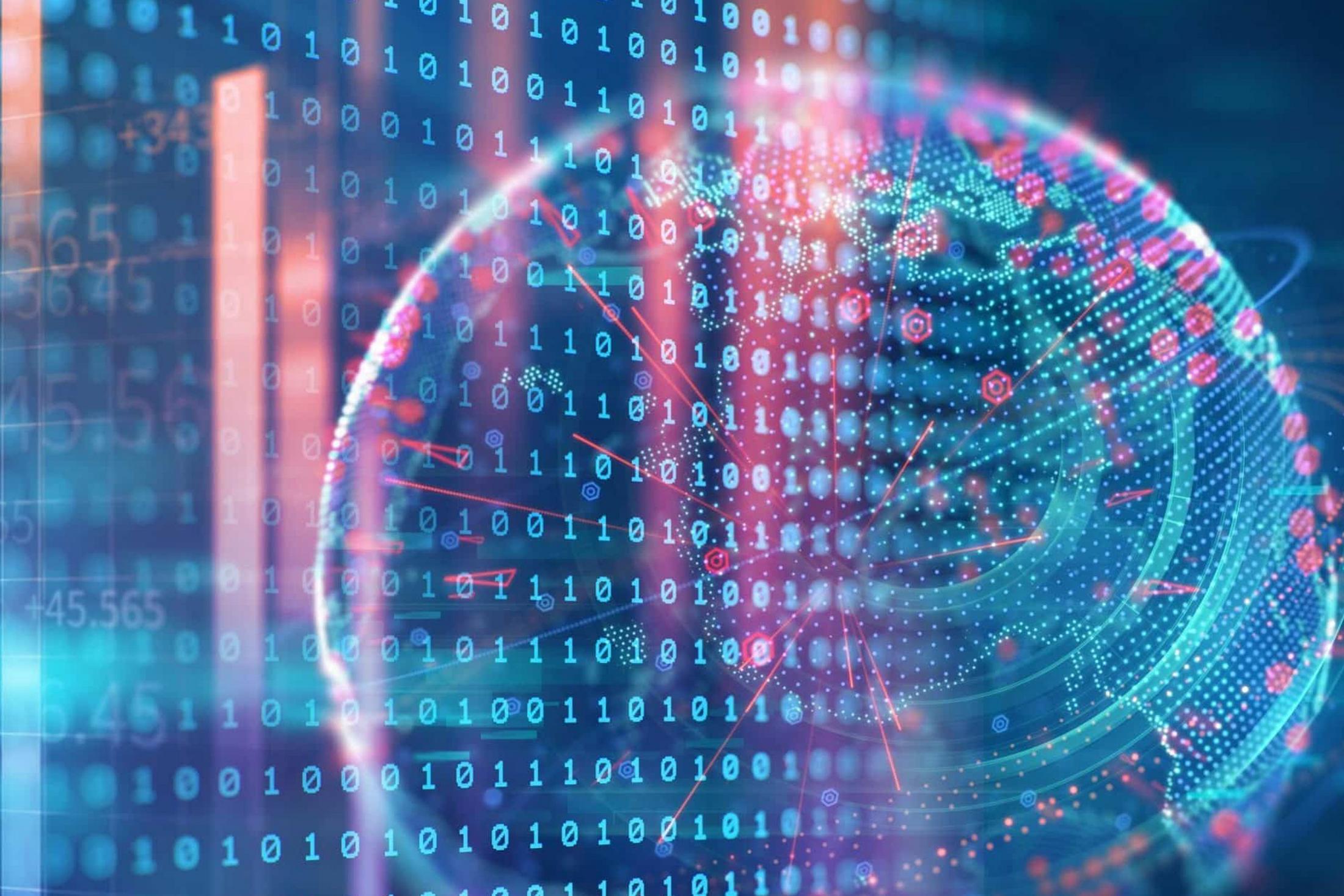 an abstract composite image of binary code over a sphere