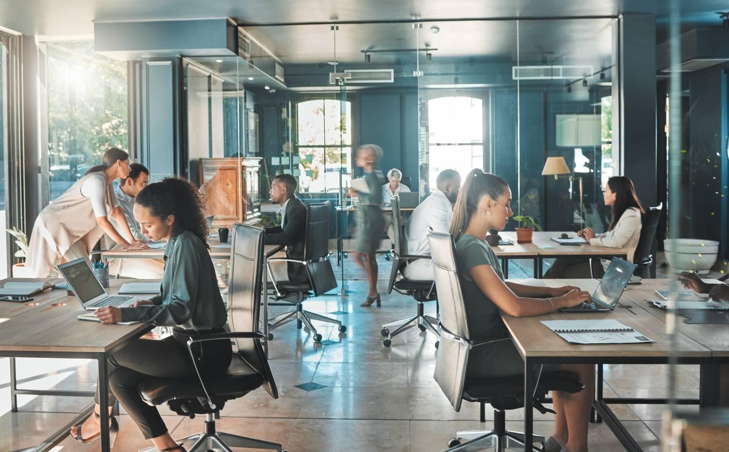 a group of people sitting at desks in an office