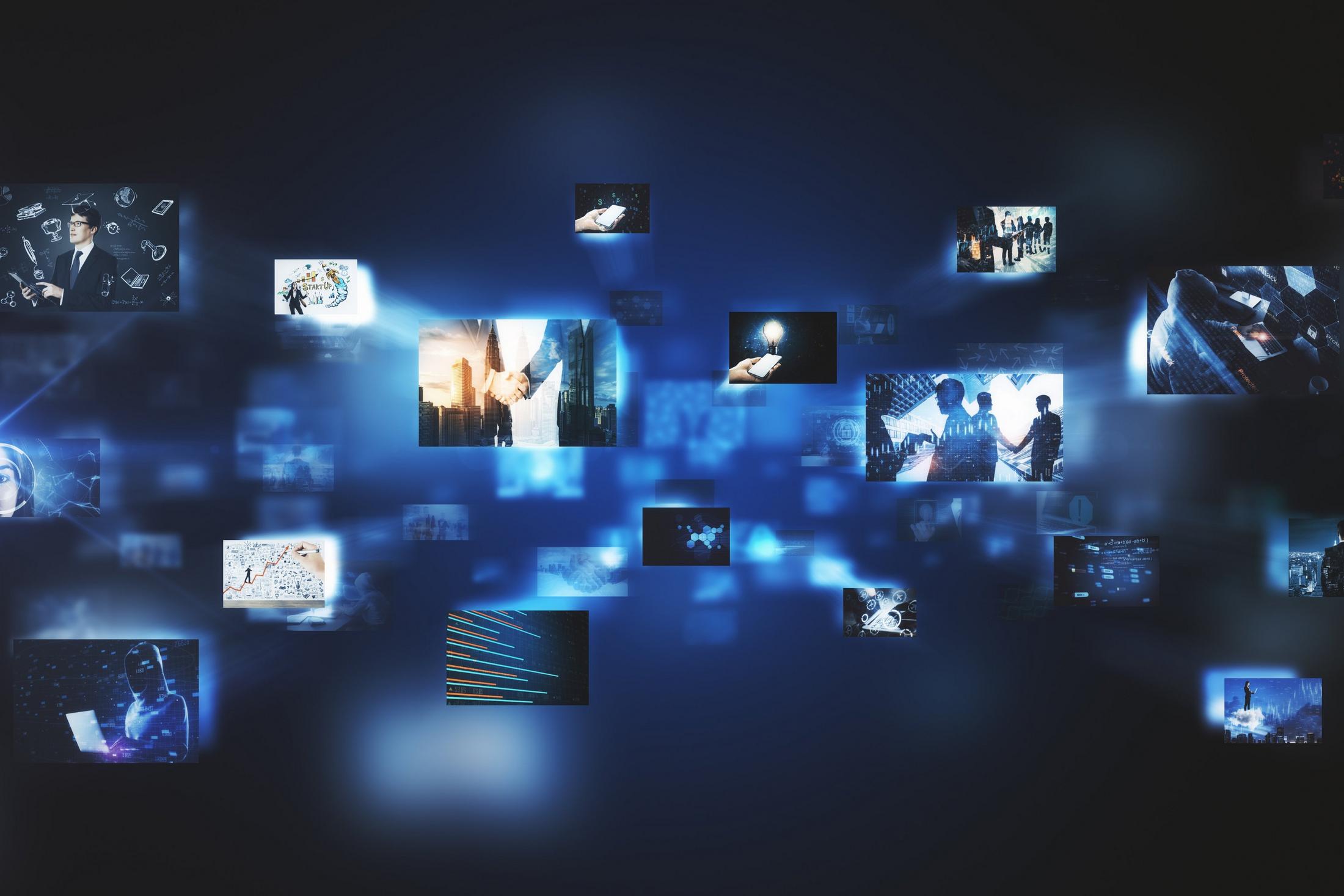 un fond bleu foncé avec de nombreuses images de personnes et d’entreprises