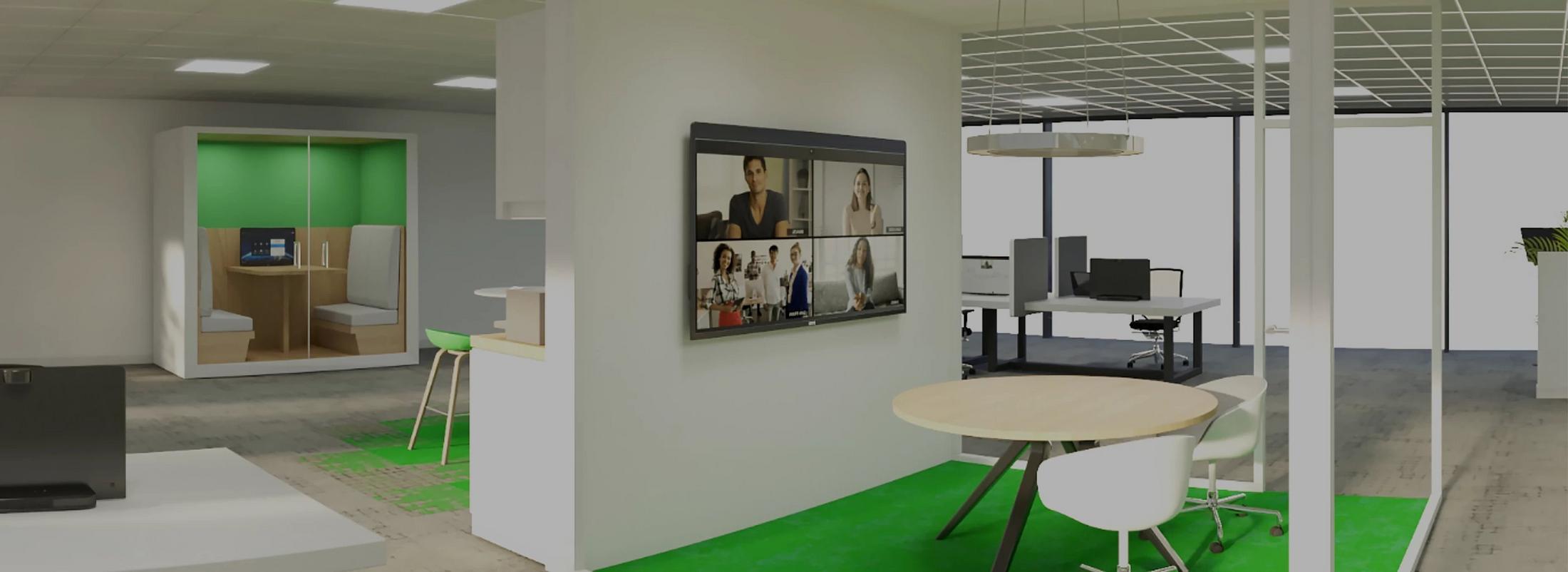 a room with a green carpet and a white table and chairs