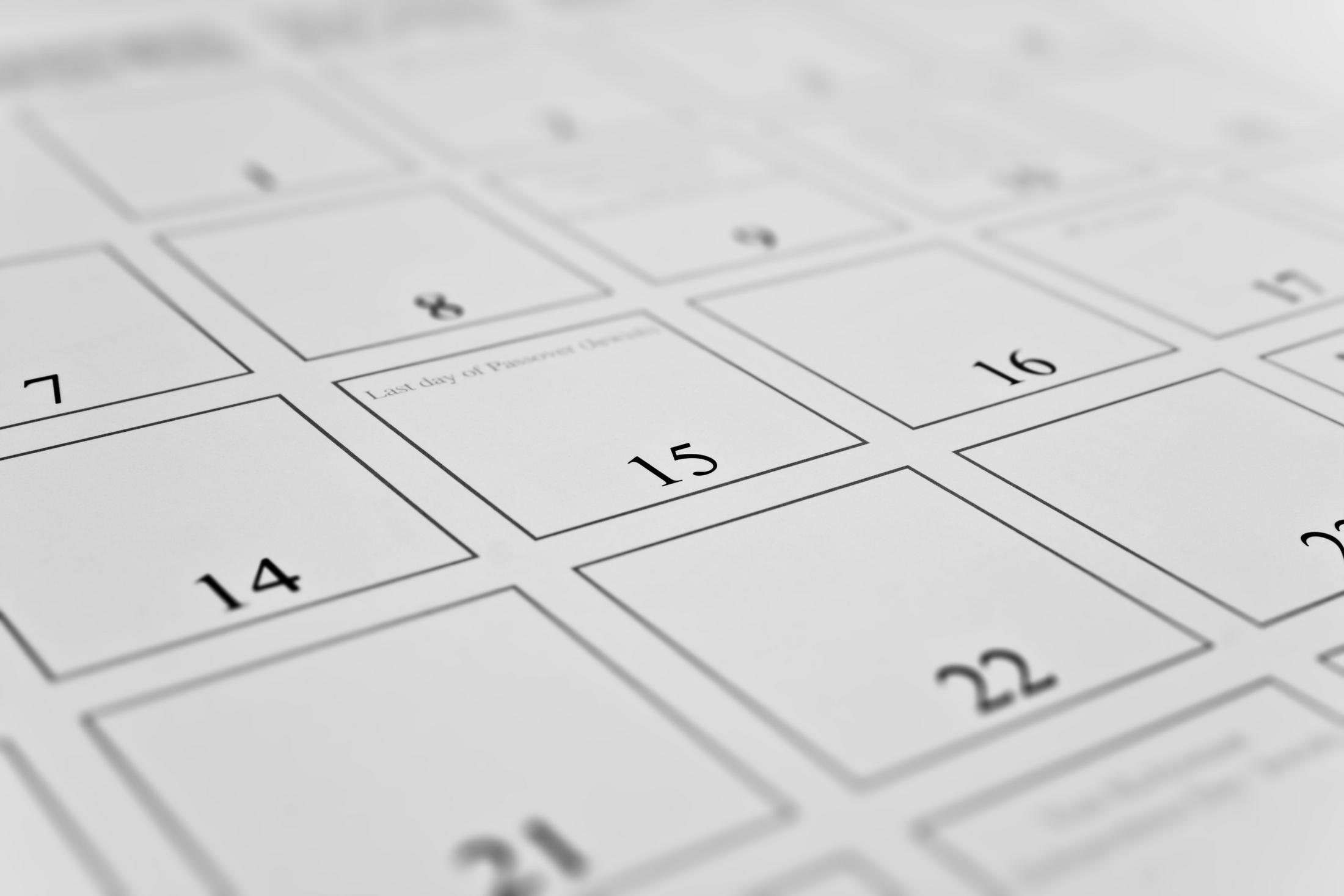 an angled view of a calendar focused on a specific date