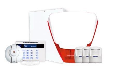 a white alarm system with a red and white keypad