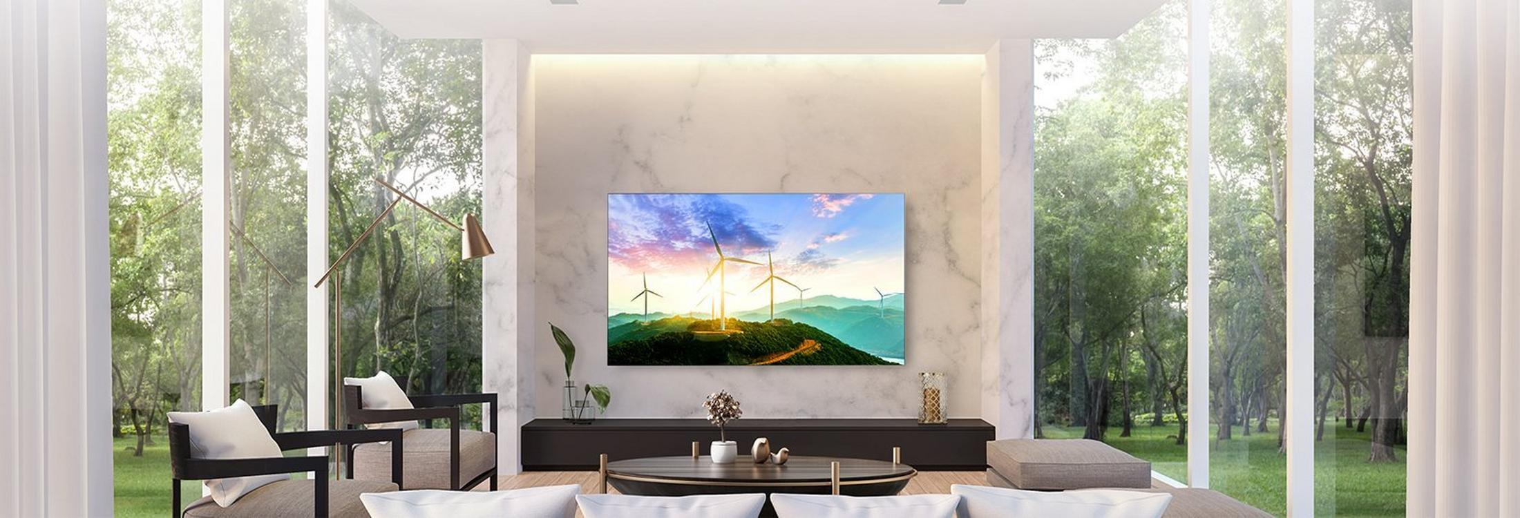 a living room with a large painting on the wall