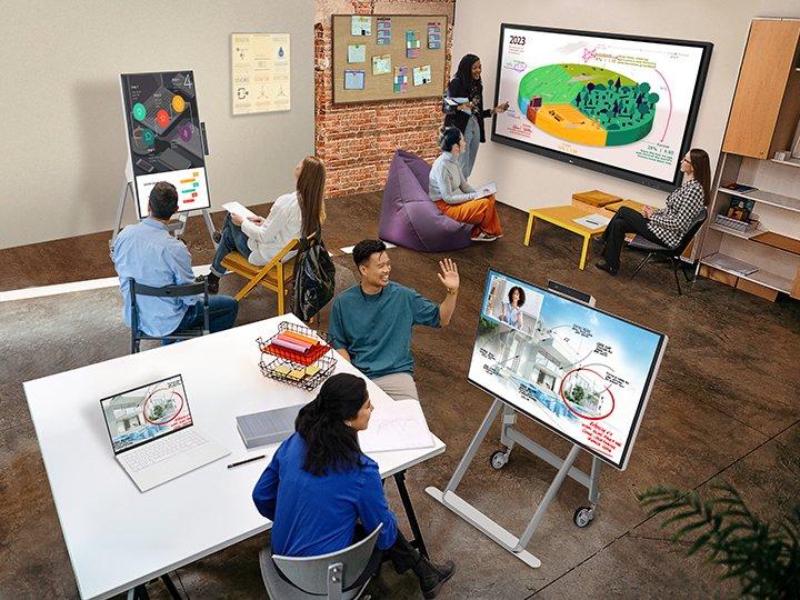 a group of people sitting around a table with a projector