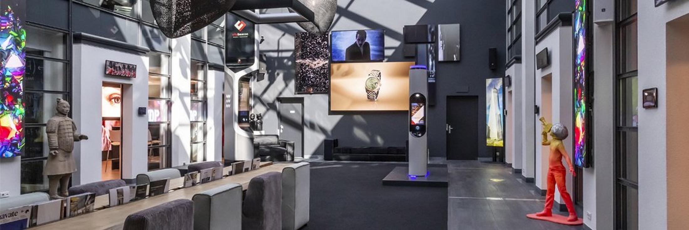 a large room with a lot of art on the walls