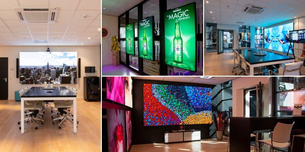 a series of pictures of a conference room with a large screen