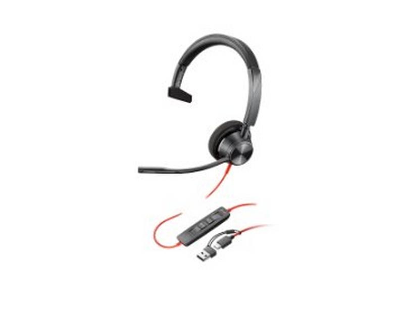 Poly Blackwire 3310 Monaural Microsoft Teams Certified USB-C Headset +USB-C/A Adapter